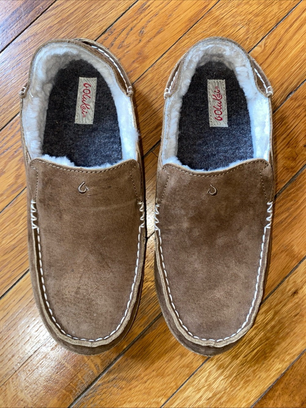 $130 OLUKAI Nohea Brown Nubuck Leather Slipper Wool Shearling Slip-On Size 9